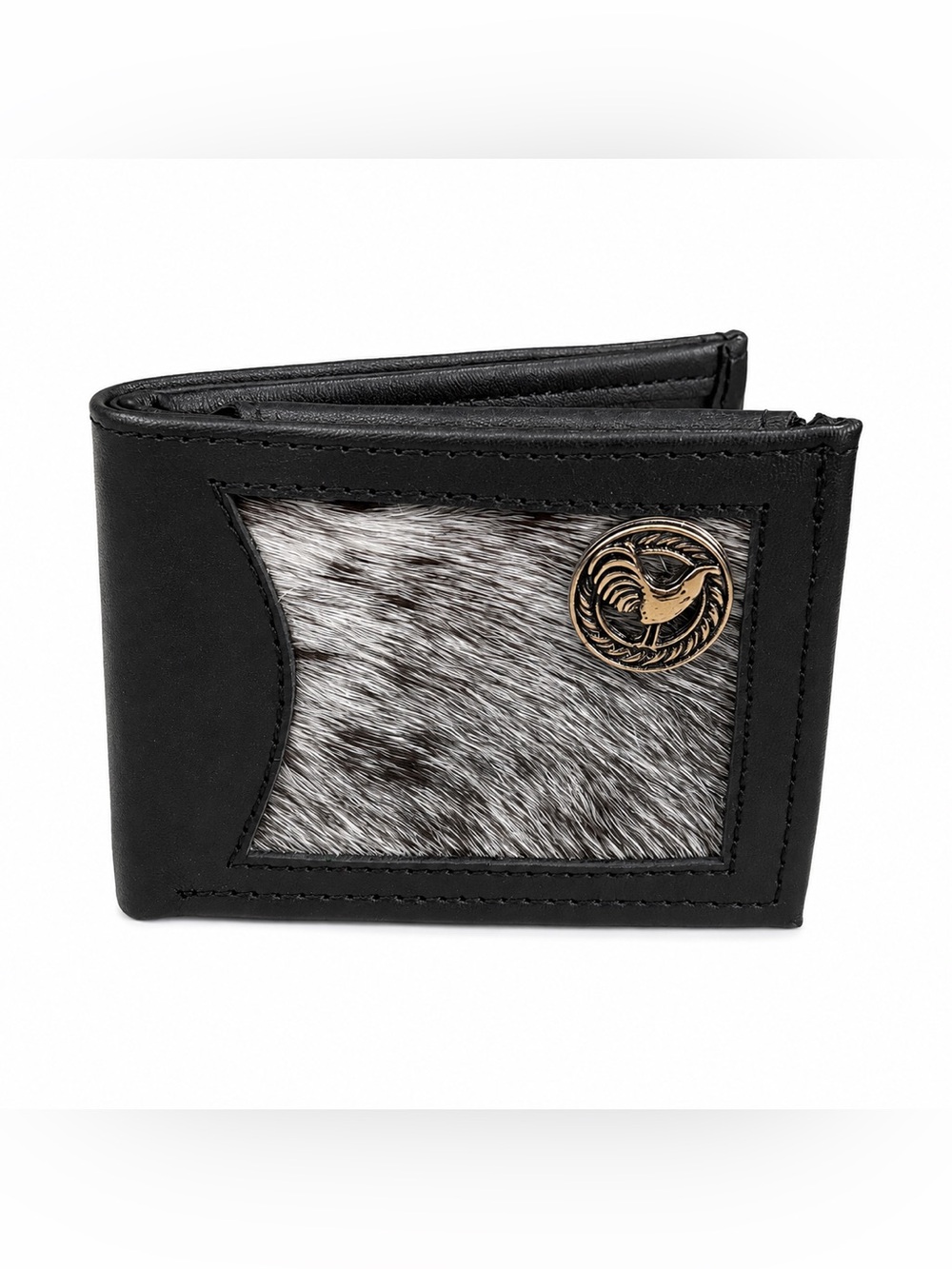 Black Leather Card and Money Holder with Cowhide Hair Detail